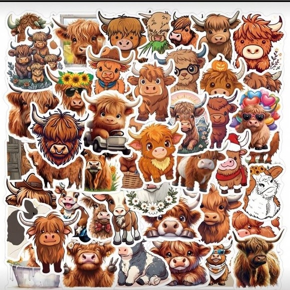 Other - 56 Highland Cow Stickers Cute Farm Animal Vinyl Stickers Waterproof Decals New